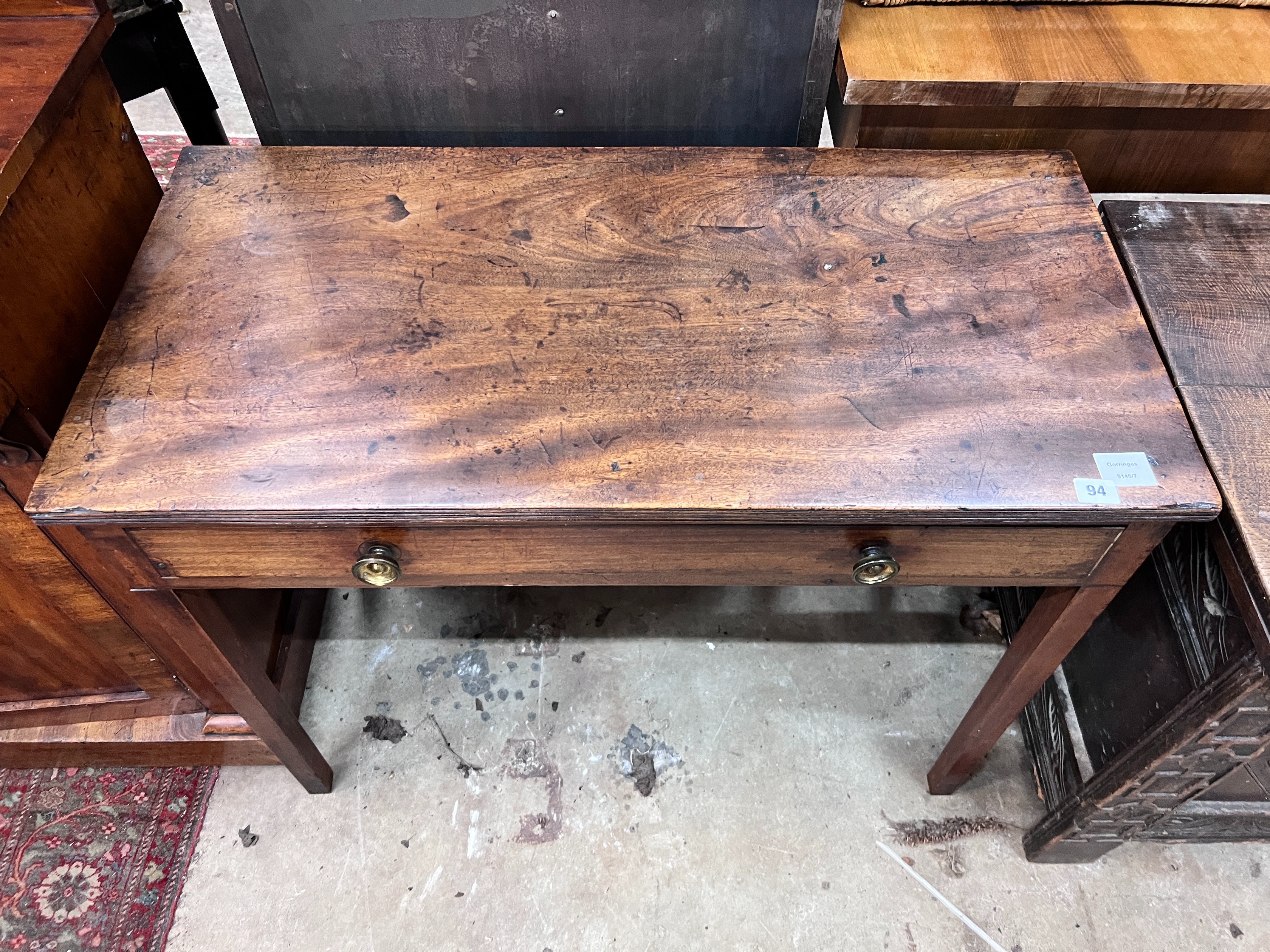 A George III mahogany side table with single drawer, width 91cm, depth 44cm, height 72cm *Please note the sale commences at 9am.